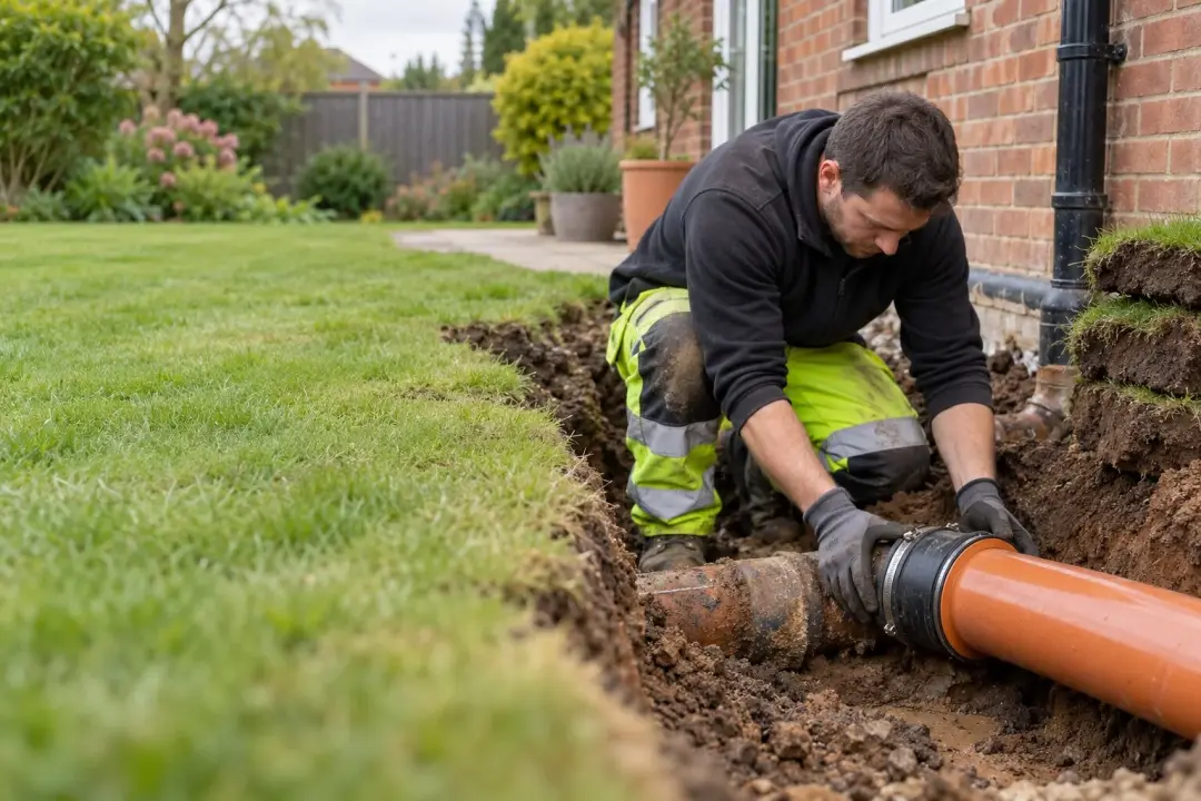 Engineer joining a new orange drain pipe to an old clay pipe in a garden trench