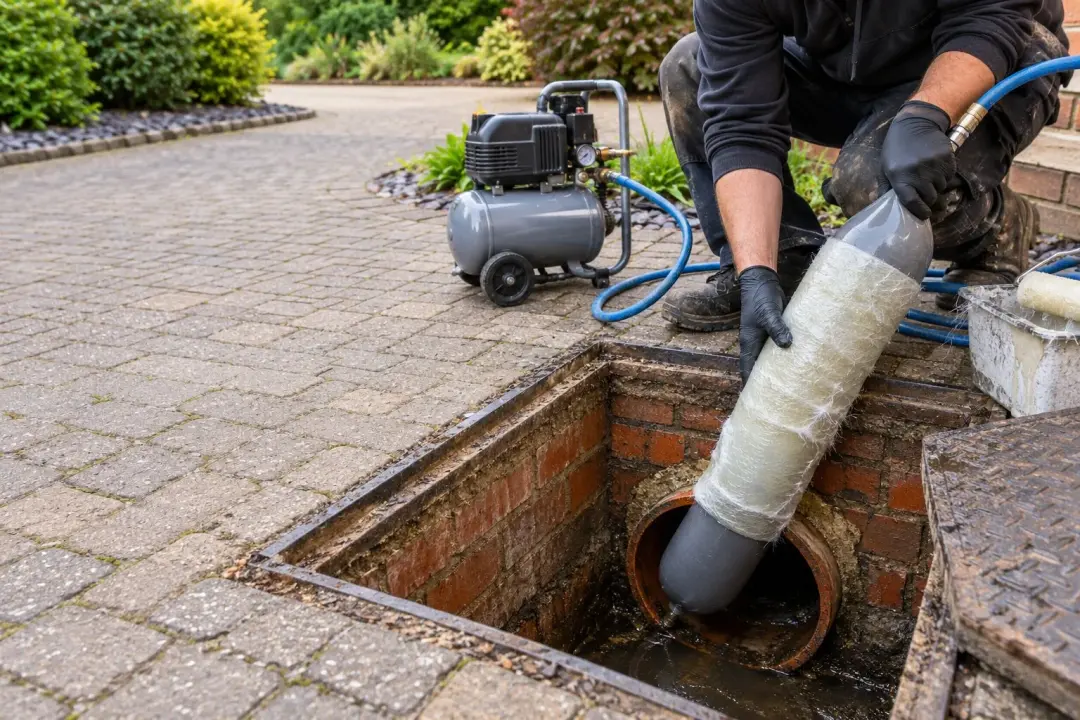 Engineer feeding a resin patch lining packer into a drain from an inspection chamber
