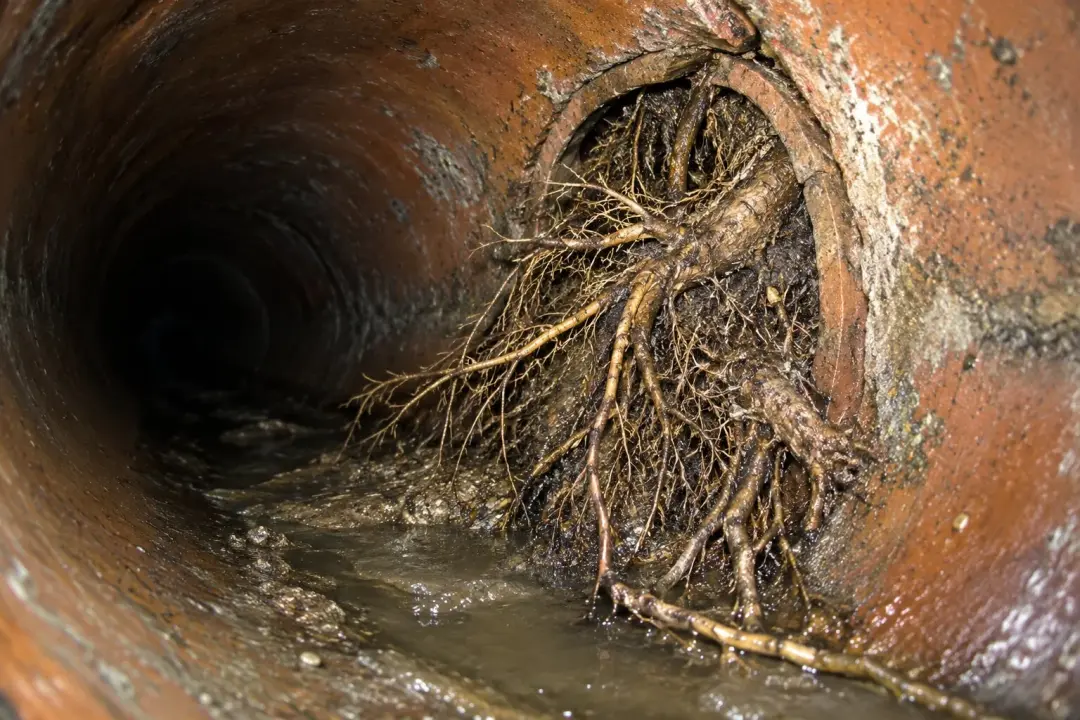 Tree roots growing through a joint inside a clay drain pipe